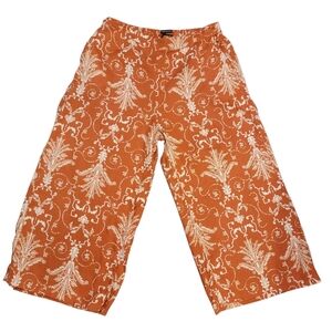 Tahari Linen Cropped  Wide Leg Elastic Waistband Terracotta Paisley Pants Sz XL